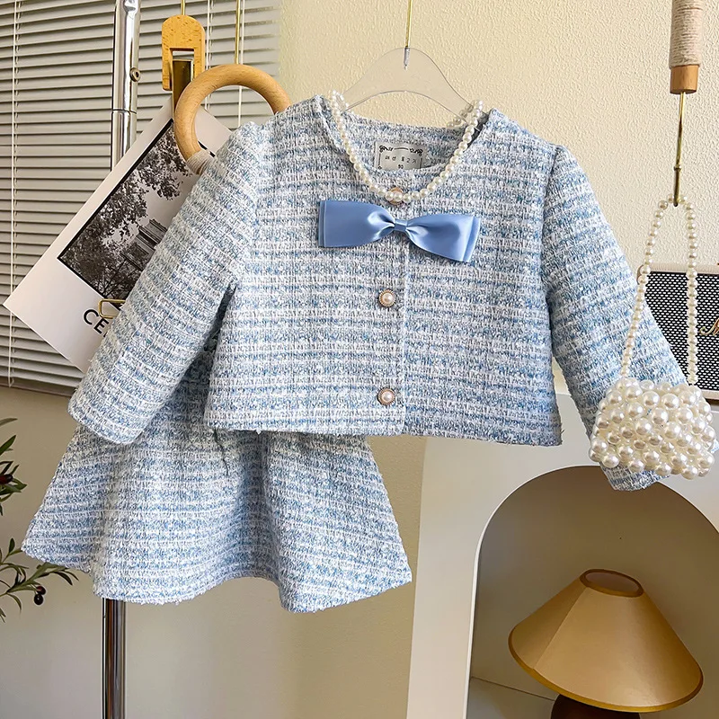 

Girls Small Fragrance Suit Spring and Autumn New Fashion Bow Long-sleeved Coat + Skirt Two-piece Set Kids Clothes