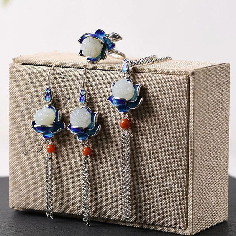 

Natural Hetian White Jade Lotus Pond Enamel Porcelain Jewelry Set Retro Palace Style Tassel Luxury Charm Women's Accessories