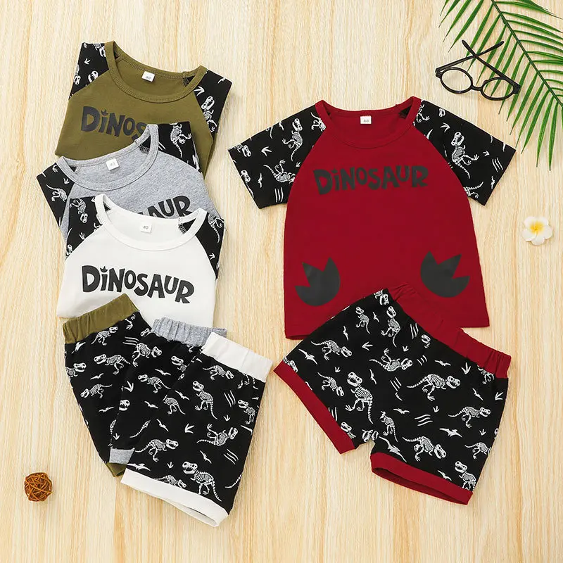 Summer kids clothing boy suit 2022 new fashion stitching dinosaur short-sleeved shorts suit 2PCS baby boy clothing suit 1-5 Y