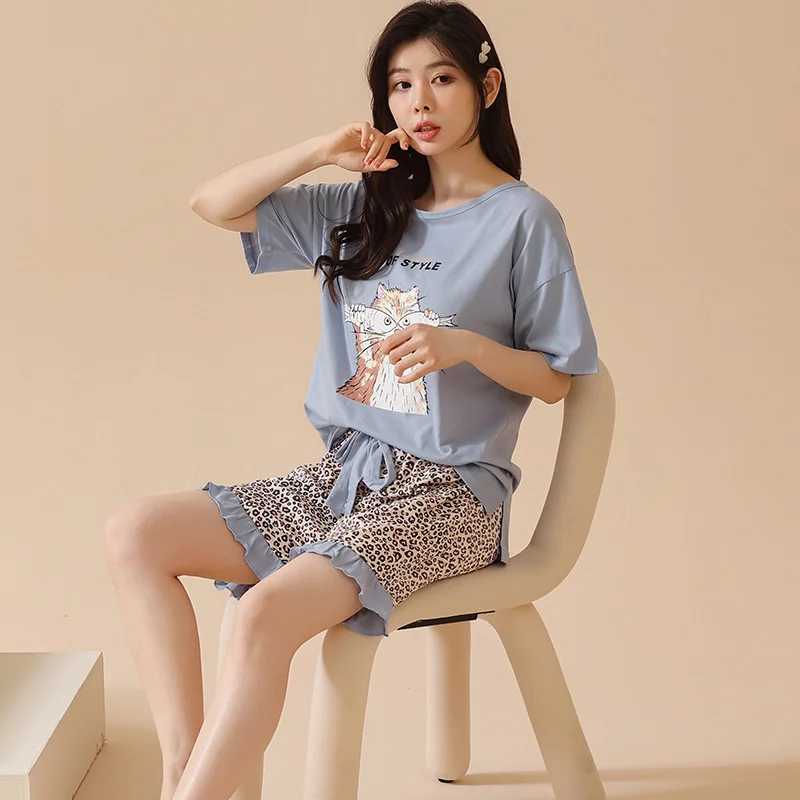 Summer Print Fashion Pajamas Women's Summer  Short-Sleeved Shorts Sweet Outwear 4XL Size Homewear