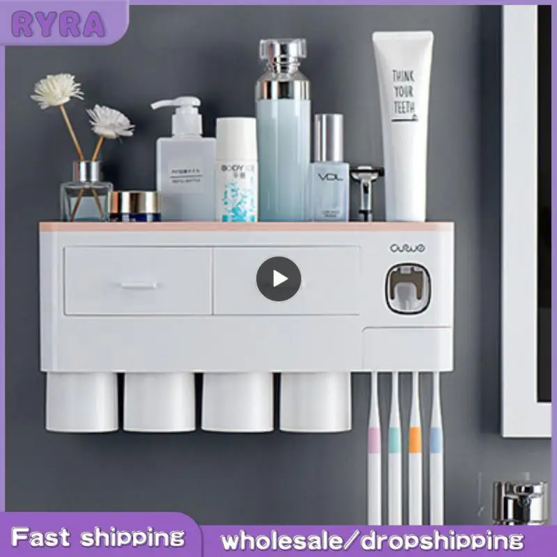 

Настенный держатель для зубных щеток для ванной комнаты, автоматическая выжималка для зубной пасты, настенная стойка для хранения с чашкой, органайзер, аксессуары для ванной комнаты