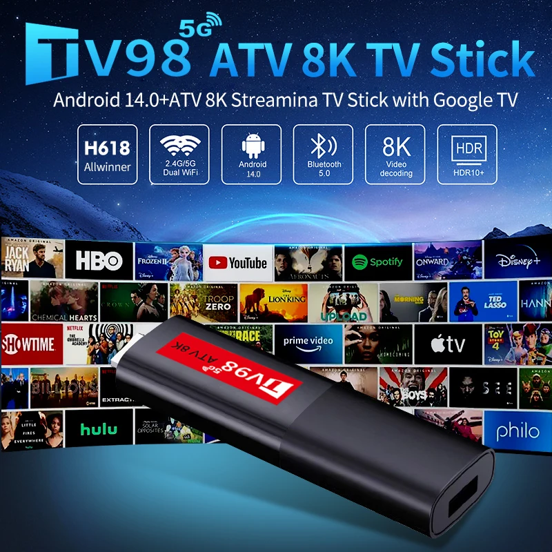 TV98 TV Stick Android 14 8K HD 2G 16G Allwinner H313 Box 2 4G 5G Dual Wifi Smart Media Player ТВ-приемник