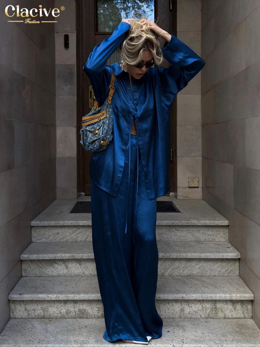 Модные свободные Синие атласные комплекты Clacive из 2 предметов женская одежда 2024