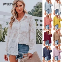 european and american womens clothing 2022 new solid color hollow chiffon jacquard buttoned long sleeved shirt women