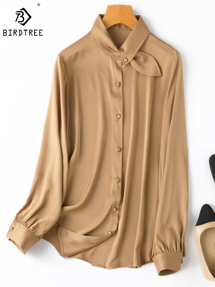 

Birdtree 24MM 93%Mulberry Silk Shirt Stretch Double Joe Satin Design Sense Long Sleeve Commute Camel Blouse Woman New T39519QD