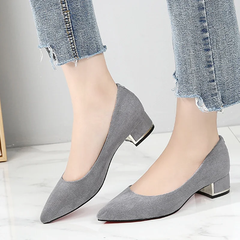 

Women Square Heels Pumps Pointy Toe Null Slip-On Grey Low Cutter Shoes Kid Suede Elegant Comfortable 34-43 26cm Luxury Designer