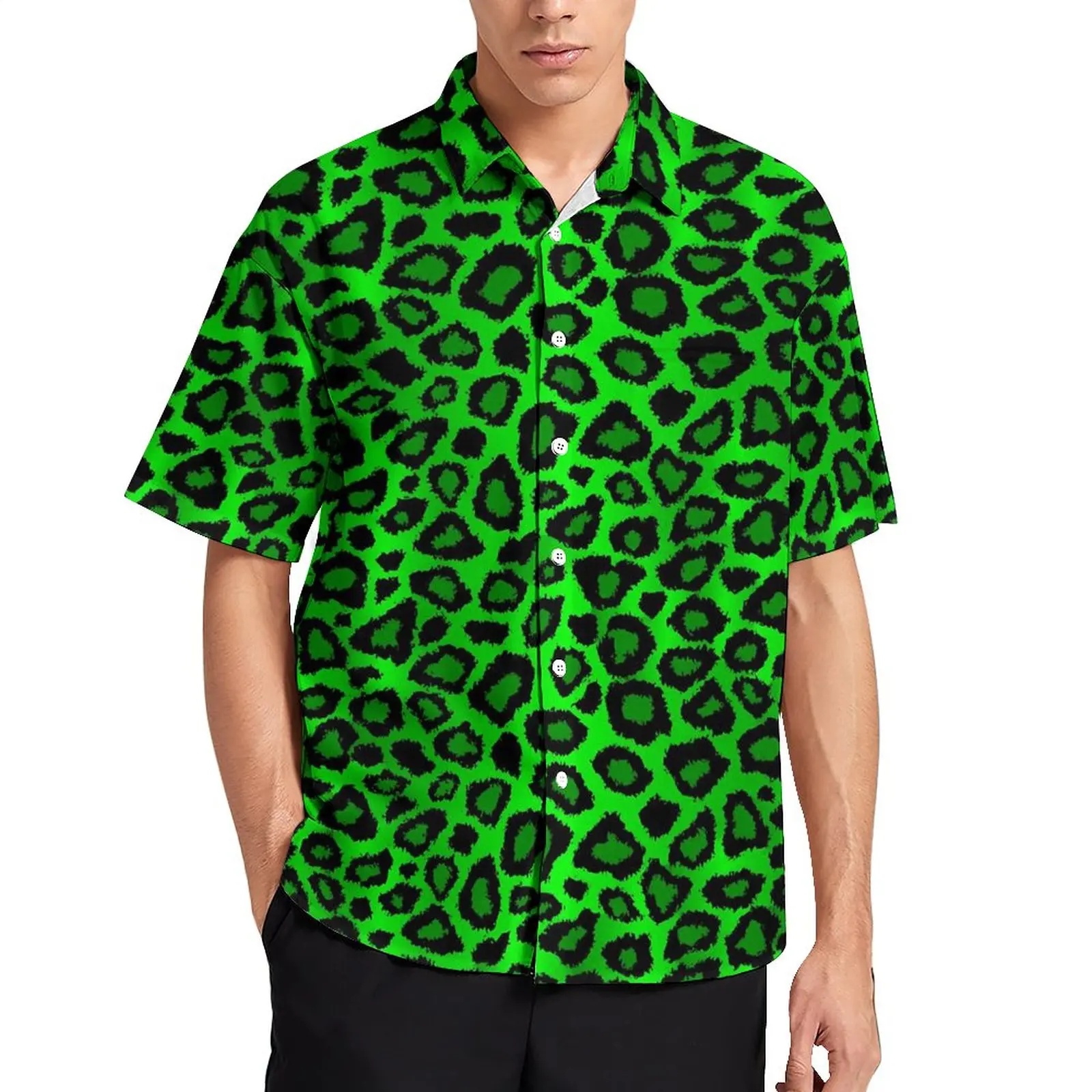 

Leopard Animal Blouses Men Lime Green And Black Casual Shirts Hawaii Short-Sleeve Graphic Funny Oversize Vacation Shirt Gift