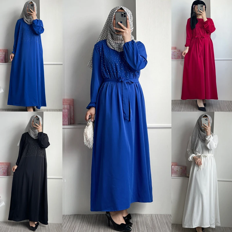 

Vintage Casual Women Long Dress Diamonds Muslim Islamic Maxi Robe Solid Color Ladies Arabic Abaya Turkey Malaysia Dress Vestidos