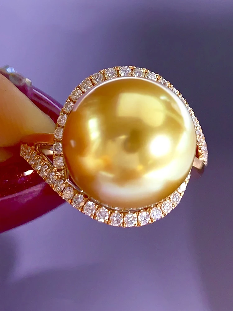 

Philippine Nanyang Gold Pearl Natural Thick Gold 18K Rose Gold with Diamond Round Extremely Bright Seawater Pearl Ring