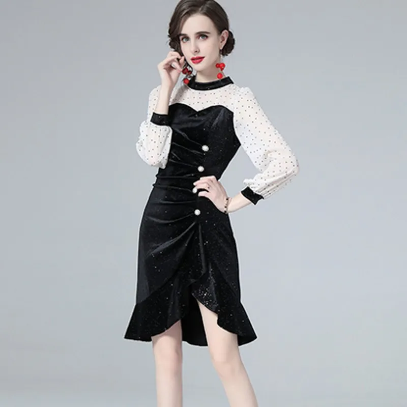 

Женское бархатное платье с асимметричным подолом, элегантное черное блестящее бархатное платье-Русалка на бедрах, весна 2022