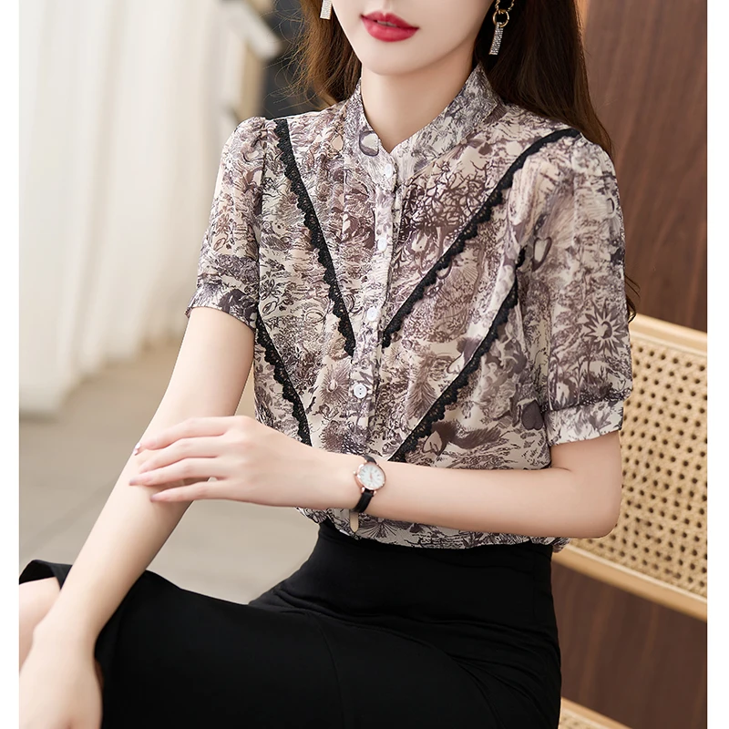 

The cargo lace stitching collar short sleeve shirt female temperament of summer retro ink small unlined upper garment niche chic