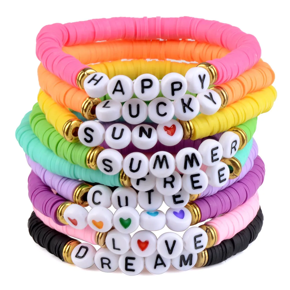 

MultiColor Polymer Clay Beads Bracelets For Women 6mm DIY Acrylic Letter Handmade Charm Bracelet Summer Female Jewelry