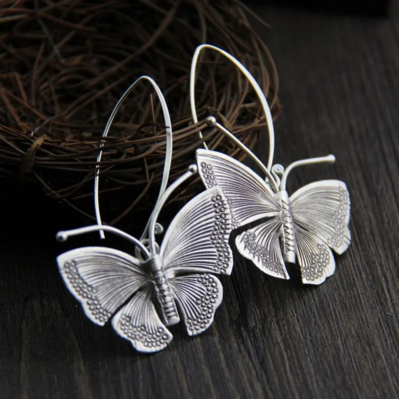 

Vintage Silver Color Butterfly Earrings Ancient Metal Hand Carved Big Dangle Earrings for Women Jewelry