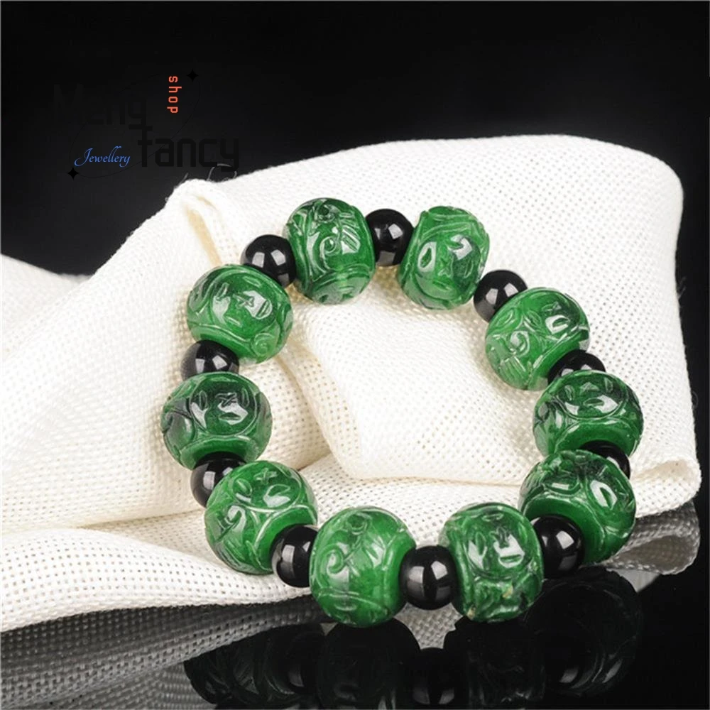 

Natural Burma Jadeite Dry Green Carved Bracelet Retro Charms Fashion Emerald Fine Jewelry Amulet Men Women Luxury Holiday Gifts