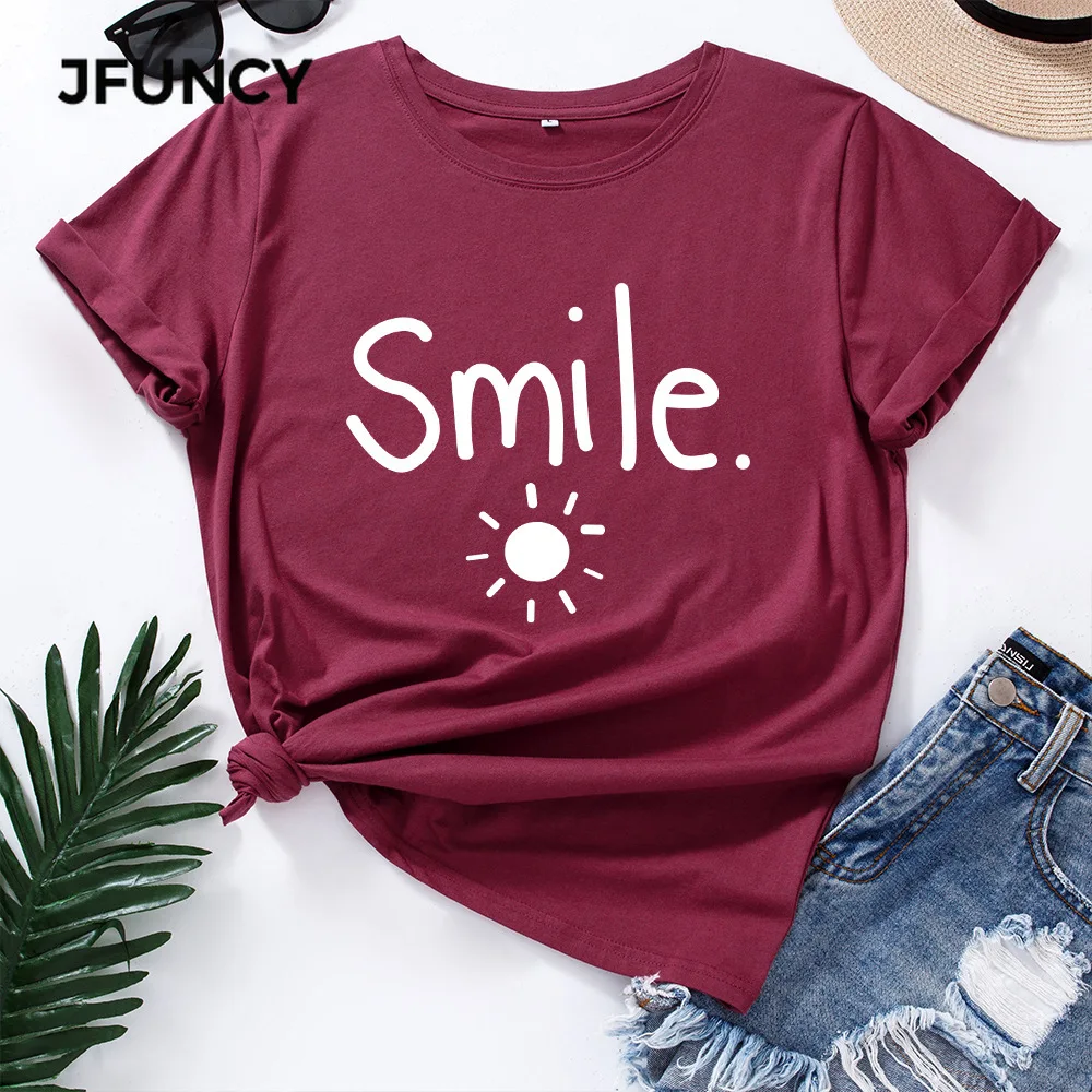 JFUNCY  Women Tshirt Short Sleeve Cotton T-shirt Smile Letter Print Graphic Tees Female T Shirt Woman Tops