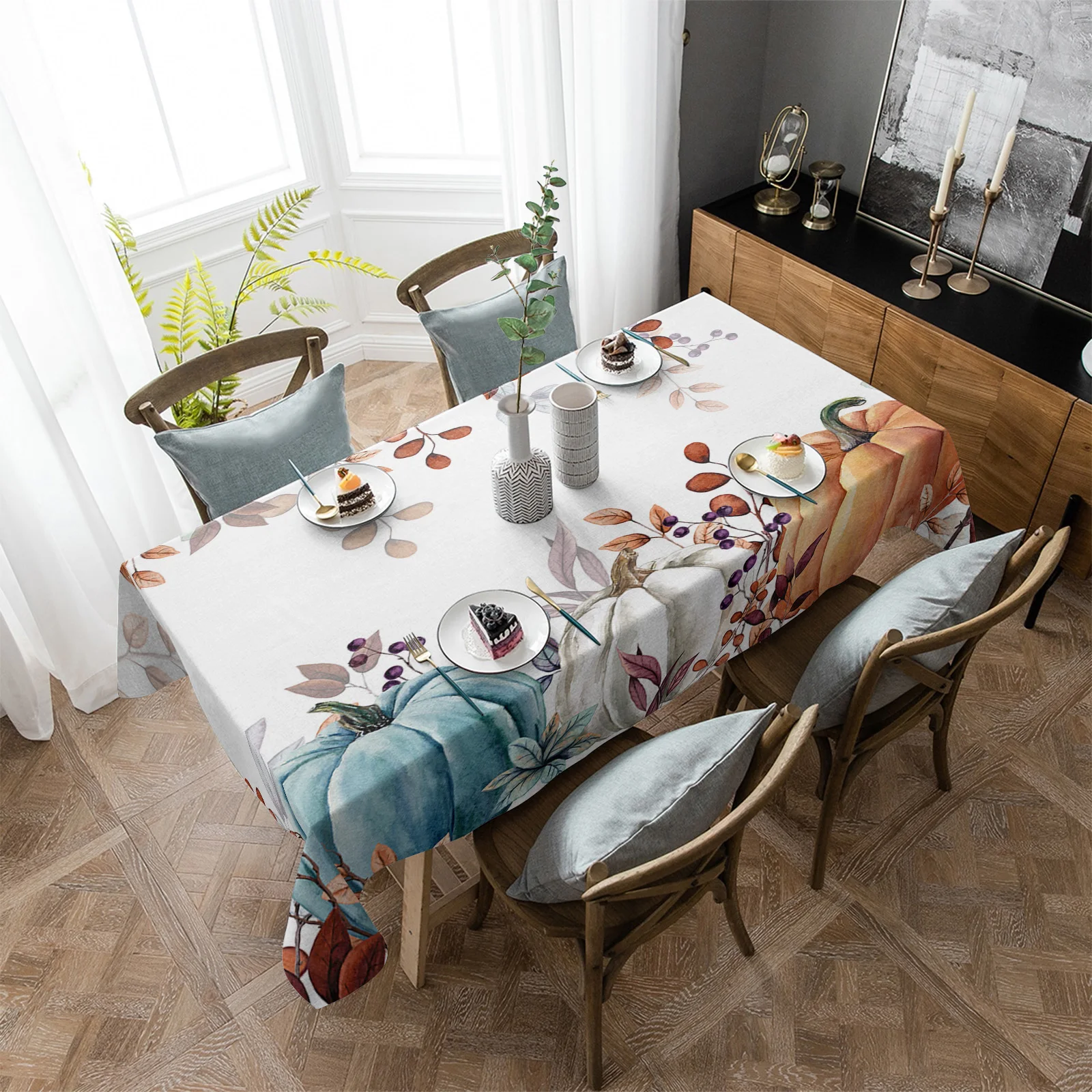 

Autumn Pumpkin Eucalyptus Leaves Tablecloth Rectangular Holiday Table Cover Party Dinner Decor Waterproof Table Cloth