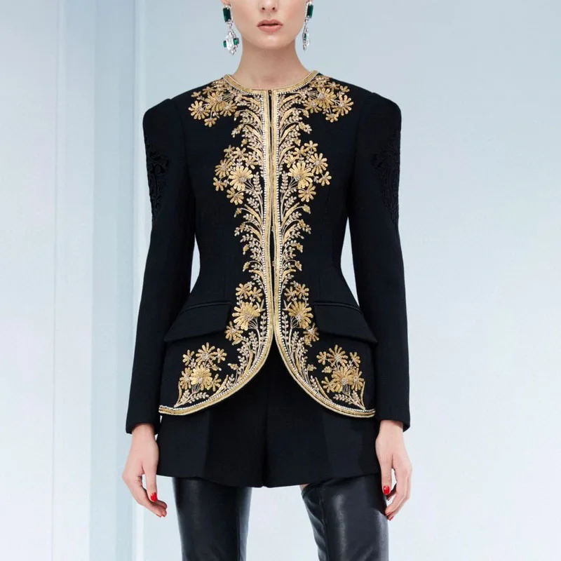 

Best Version Runway High End Jacket coats Women clothing luxury Brand heavy Embroidered Bead Necklace Slim Fit black blazer coat