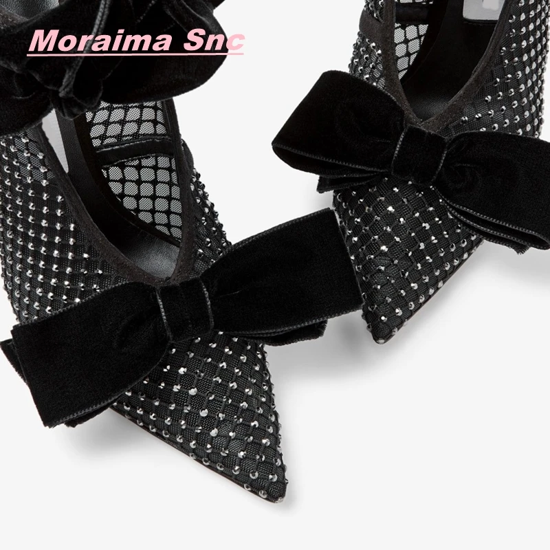 Rhinestone Glitter Women Fashion Summer Pumps New Bowknot Pointed Toe Solid Luxury Lace Up  Sexy Hollow Thin High Heel Shoes