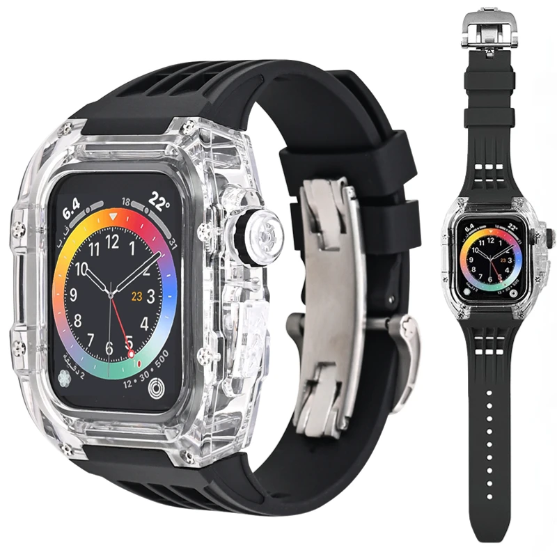 

Transparent Case Modification Kit For Apple Watch Band 45mm 44mm Retrofit Kit Rubber Bracelet Strap For iWatch 8 7 6 5 4 SE Belt
