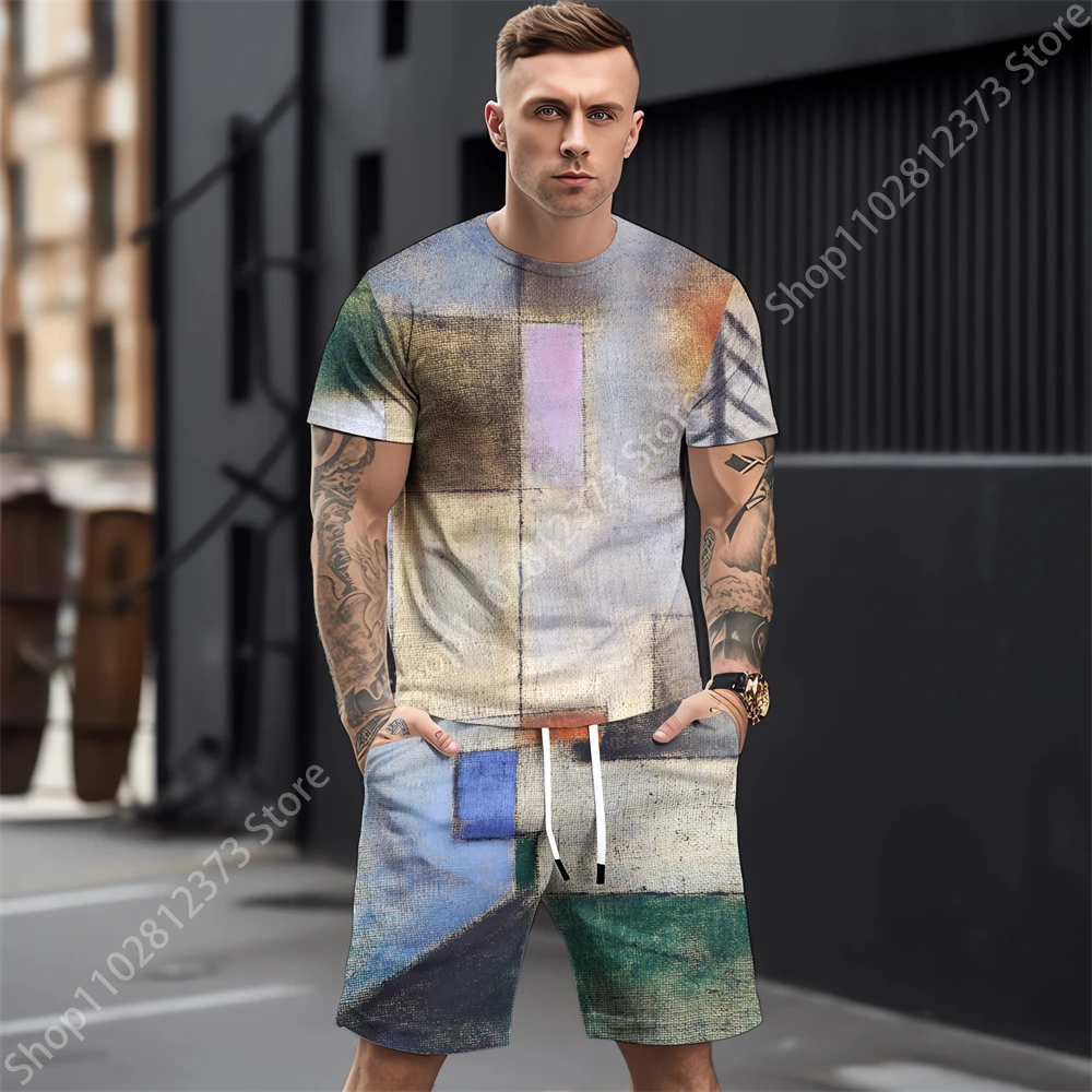 2023 Summer Mens Tracksuit Men Casual Street Men T-shirt+Shorts Two Piece Set Men Fashion 3D Splash-Ink Printing Clothes For Men
