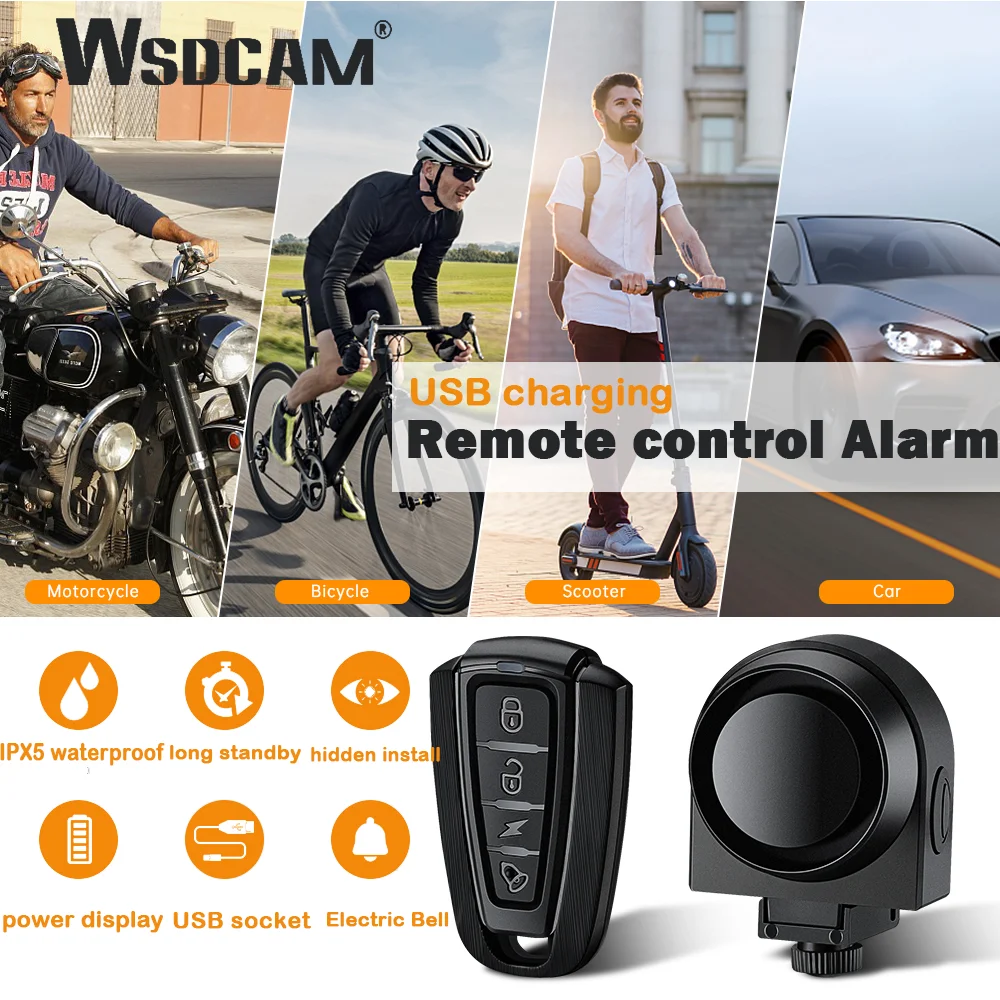 WSDCAM Bicycle AlarmTaillight Alarm Waterproof USB Charging Remote Control 110 dB Bike Lamp Security Protection