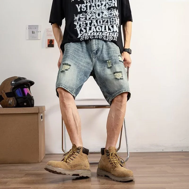 Summer Blue Hole Denim Shorts Men Fashion Casual Straight Jeans Men Streetwear Hip Hop Loose Short Jeans Mens Five-point Pants