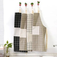 kitchen apron plaid pattern sleeveless breathable oil proof cotton linen front pocket bib apron kitchen supplies