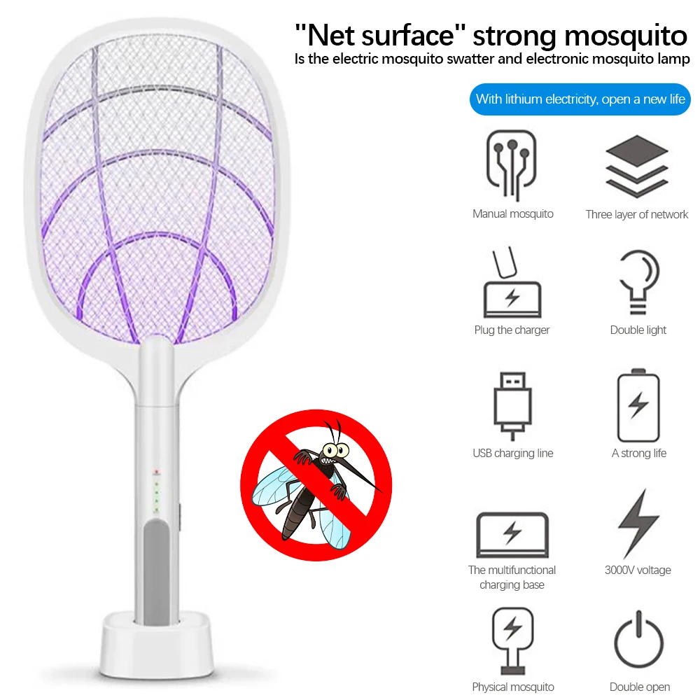 

USB Rechargeable Mosquito Killer Camping Electric Shocker Dual-Used Zapper Trap Flies Summer Fly Swatter Mosquitos Dispeller
