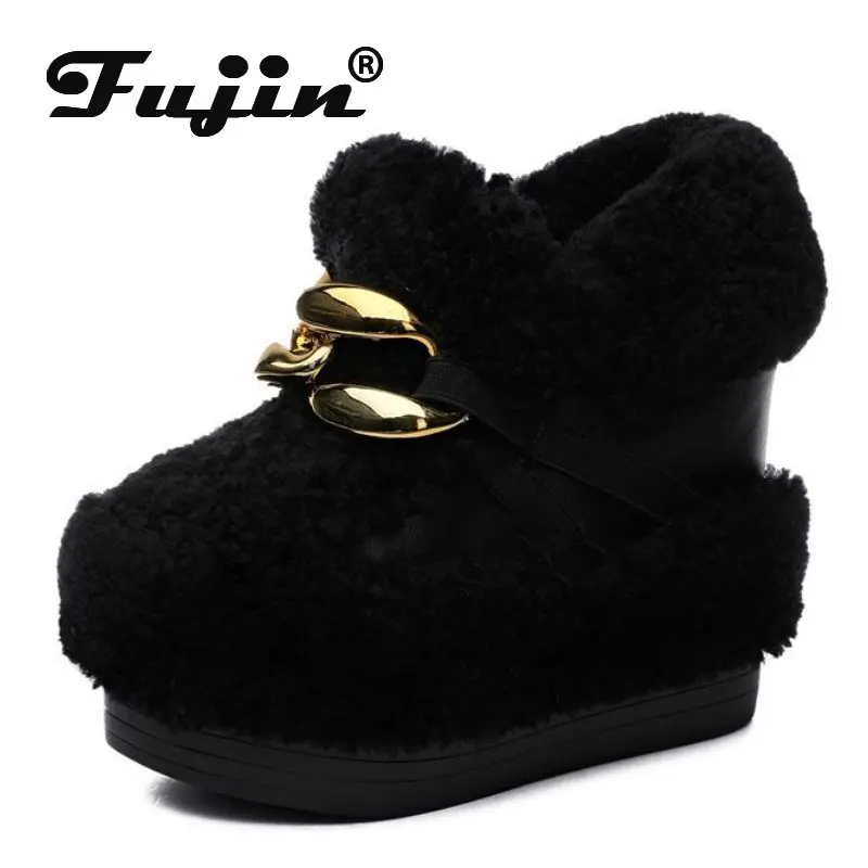 

Fujin/элегантные модные женские ботильоны из синтетического материала на платформе 12 см с мехом; Сезон осень-зима; Теплые плюшевые ботильоны