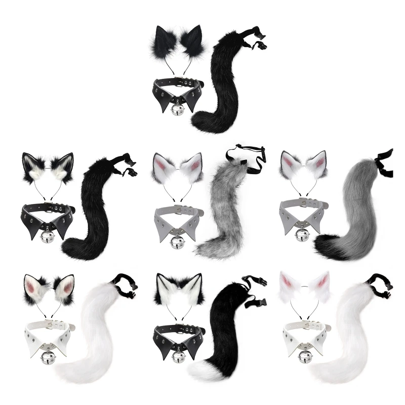 

41QC Fox Ear Headband with Tail Choker for Halloween Cosplay Costume Party Decoration