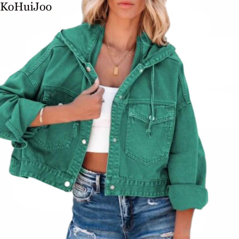 

KoHuiJoo Autumn New In Denim Coat Women 2022 Autumn Fashion Casual Hooded Washing Short Loose Jacket with Pocket Design Green