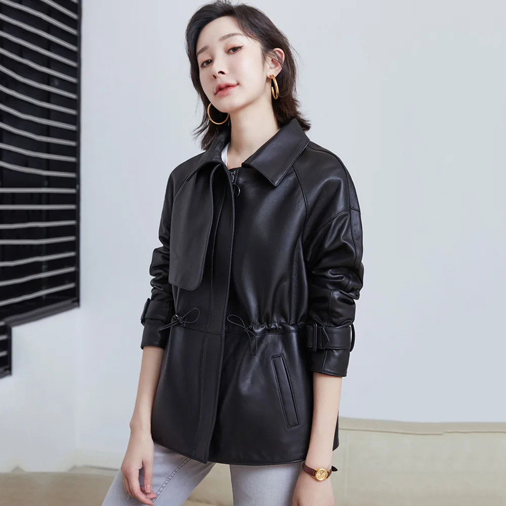 New Women Genuine Leather Down Jacket Autumn Winter Fashion Casual Wool Turn-down Collar Sheepskin Coat Loose Outerwear Female