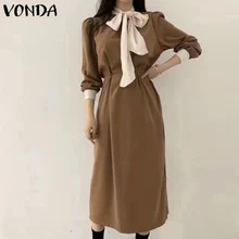 VONDA Female Bow-Knot Neckline Long Sleeve High Waist Sundress Women Autumn Fashion Dress Lady Bohemian Party Vestido Oversized (3)
