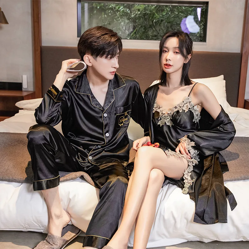 Spring and Summer Silk Couple Nightgown Men's Cardigan Suit Ladies Sexy Nightgown Two-piece Suspender Skirt Thin Bathrobe