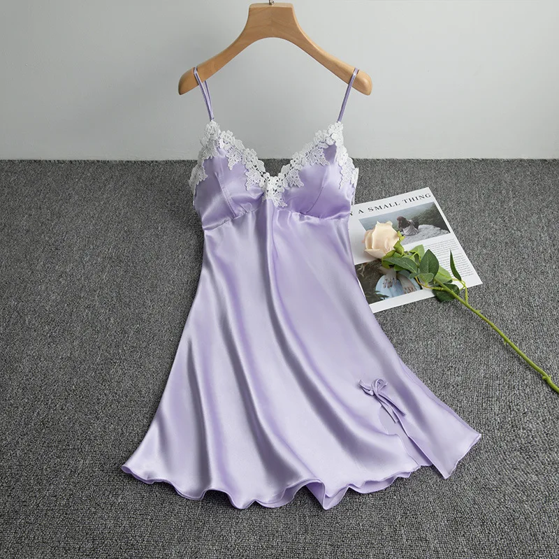 Silk Sleepwear Nighty for Ladies Satin Night Dress Sleeveless V-neck Nightgown Lace Trim Sling Chest Pad Thin Straps Sleepdress