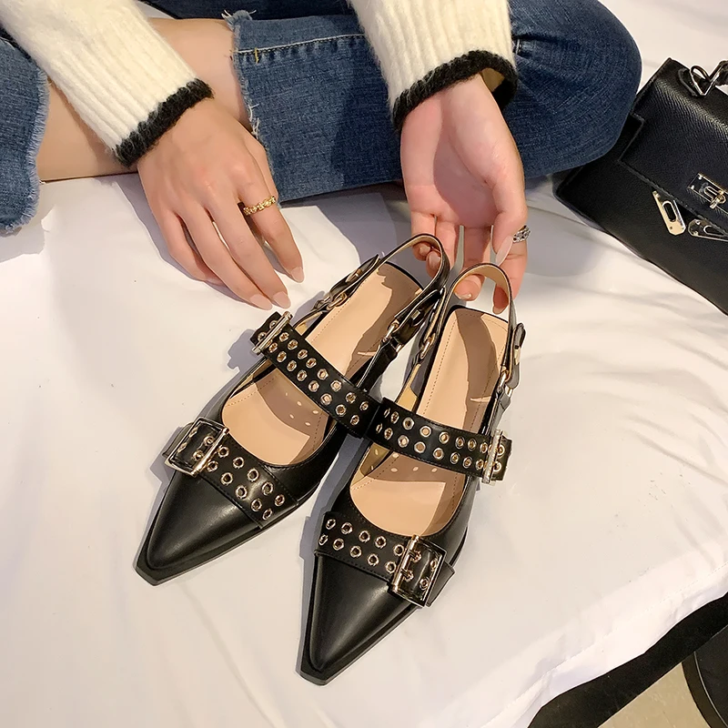 Autuspin Summer Thick Heels Fashion Women Slingbacks Pumps Genuine Leather Casual Shoes Street Style Pointed Toe Ladies Shoes