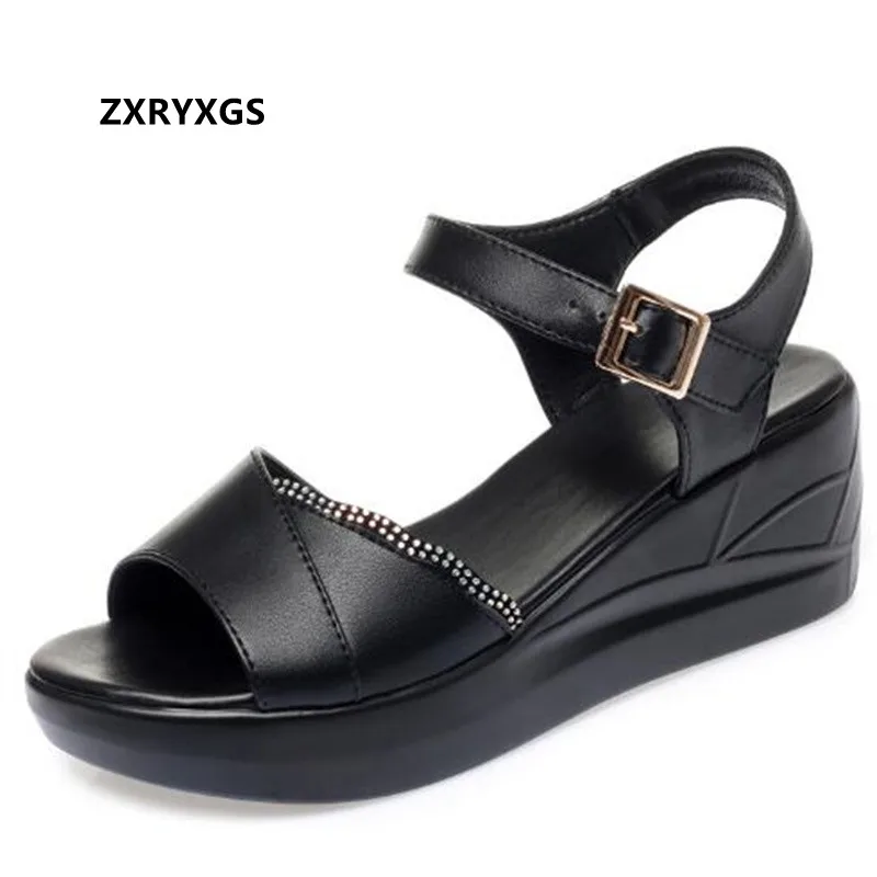 

ZXRYXGS Summer Rhinestones Soft Genuine Leather Sandals Women Increase Sandals 2022 Big Size Open Toe Beach Shoes Wedges Sandals