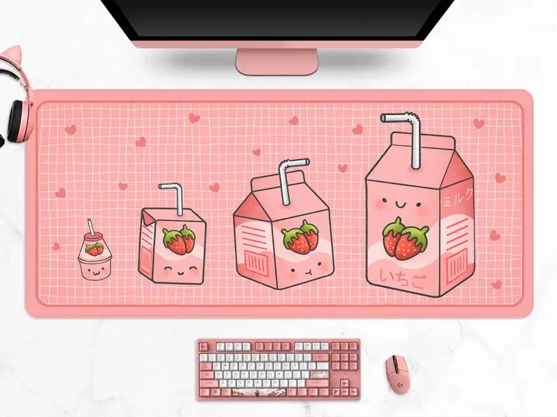 

Strawberry Milk Desk Mat, Kawaii Pastel Pink Gaming Mousepad, Cute Anime Aesthetics, Uwu Peach Faces, mouse pads in multiple siz