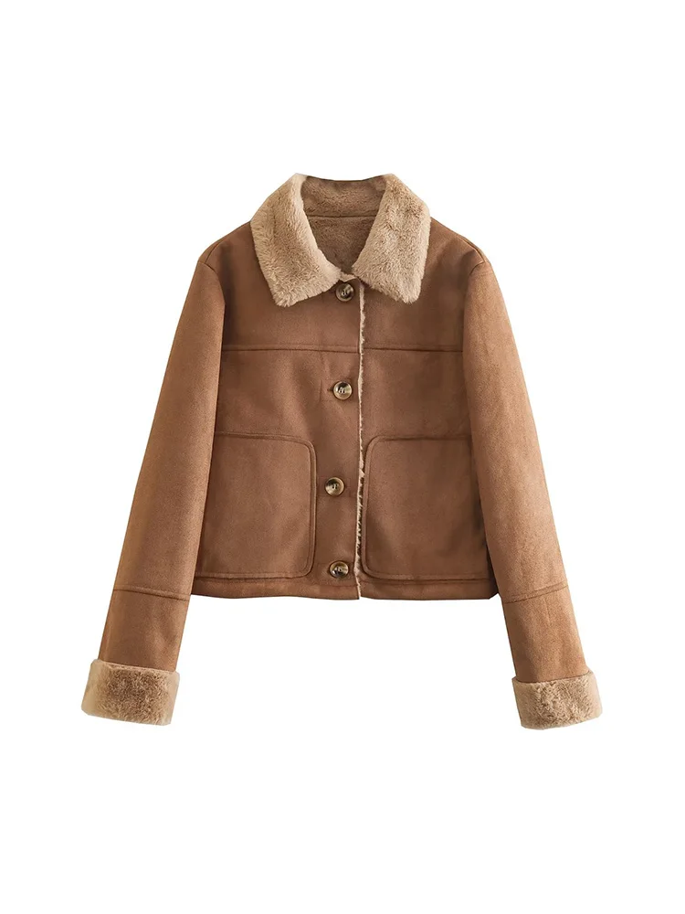 

BM&MD&ZA 6318243 Women 2022 New Fashion Suede texture two-side Jacket Coat Vintage Lapel Female Outerwear Overshirt 6318/243