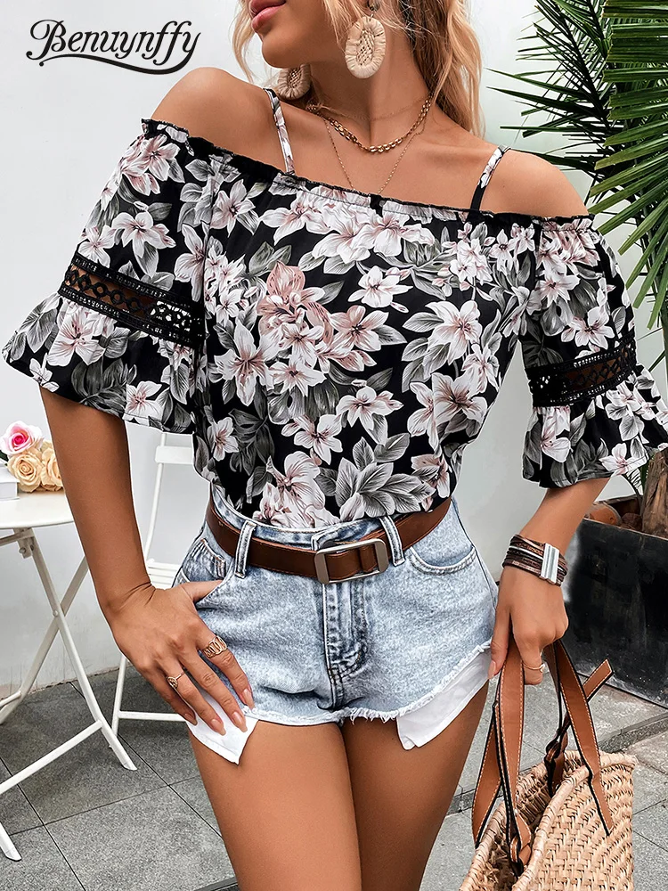 

Benuynffy Floral Print Cold Shoulder Boho Blouse Women Summer Contrast Lace Half Sleeve Sweet Casual Ladies Tops And Blouses