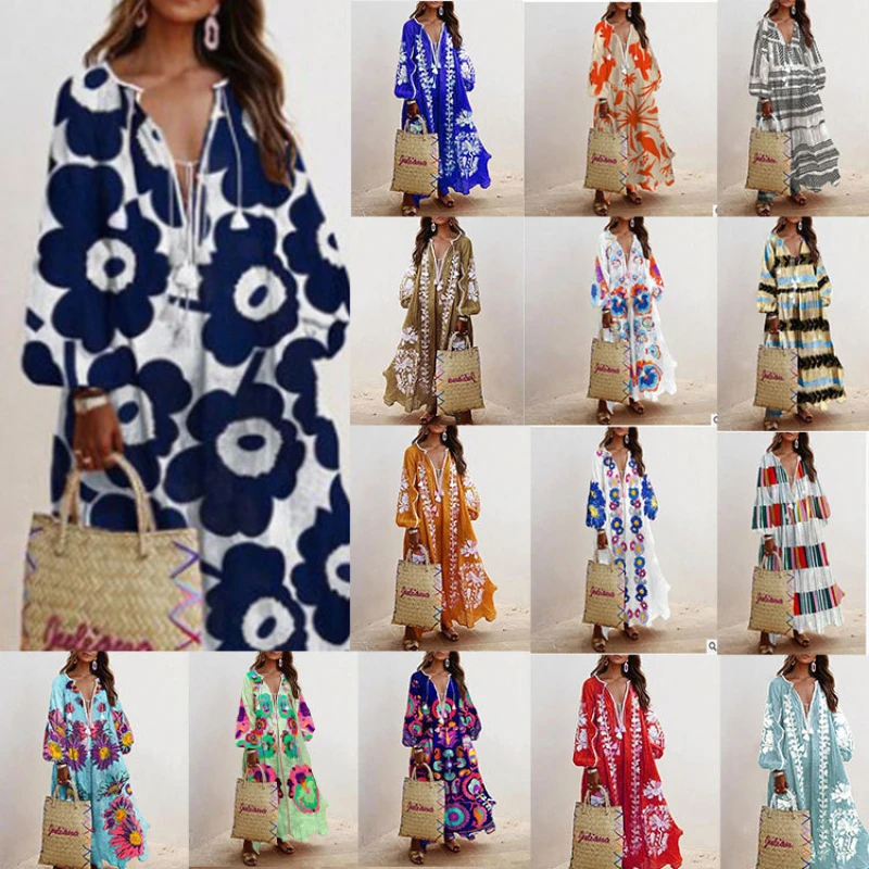 

2023 Spring and Autumn New V Neck Long Sleeve Print Long Loose Dress Casual Pattern Women's Dress