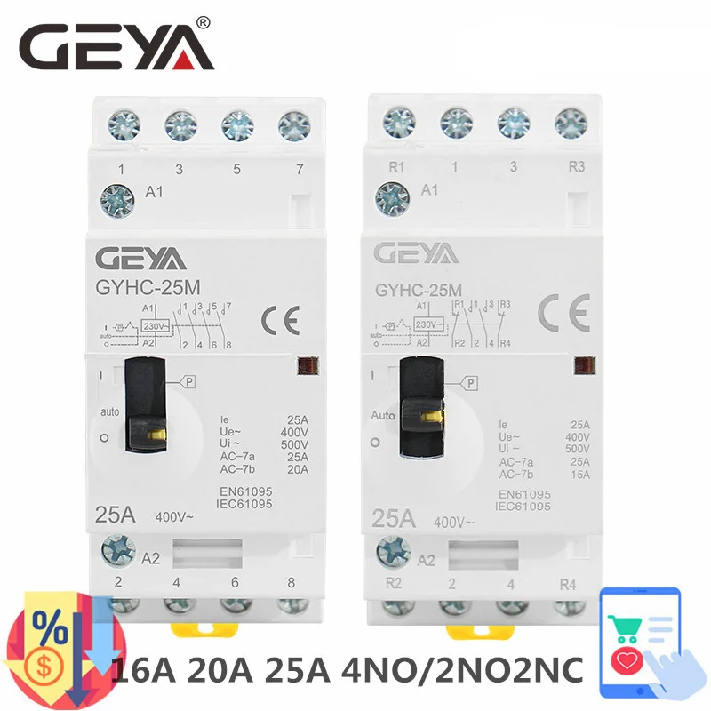 Бытовой модульный контактор переменного тока GEYA GYHC 4P 25A 4NO или 2NO2NC 220V/230V 50/60HZ Din rail, ручной тип