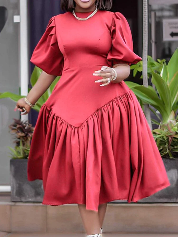 

Elegant Patchwork Woman Party Dress Puff Lantern Sleeves O Neck Pleated Ruched 2023 Lady Modest Classy Robes Big Fashion New