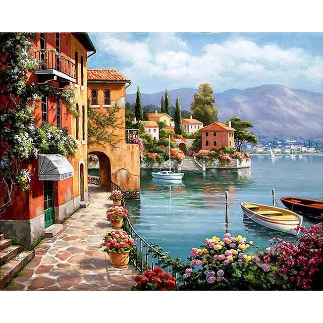 

5D Round Full Diamond Painting Town Cross Stitch Mosaic Diamond Embroidery Seaside Landscape Full Square Rhinestones Home Decor