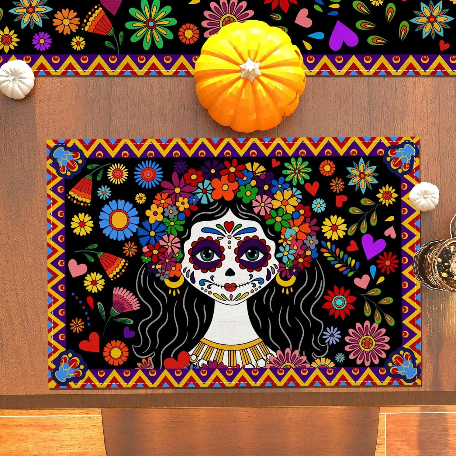 Фото Мексиканский день мертвых салфетки с сахарным черепом Мексика Dia De Los Muertos Настольные коврики Праздничный домашний декор для вечеринки Декор кухонного стола №3
