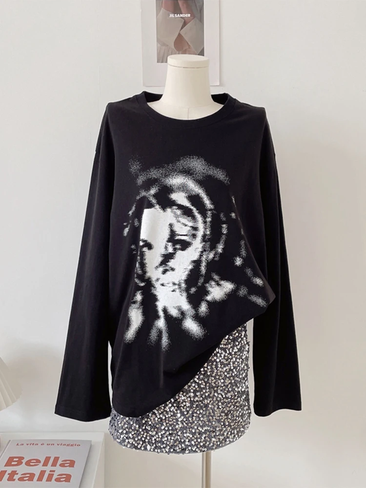 

2022 Autumn Women Tops American Style Vintage Print Tee Crew-neck Long Sleeve T-shirt Irregular Clipping Clothes Gothic Style