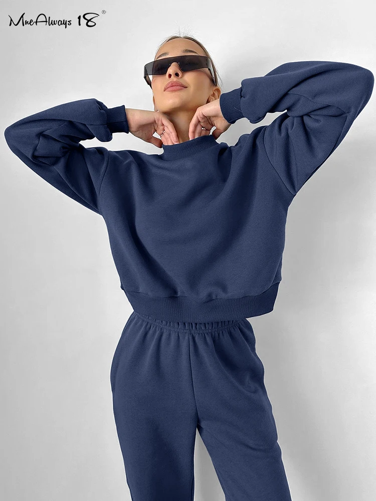 

Mnealways18 Navy Sporty Jogger Pants Suits Two Pieces Pullover Tops And High Waist Pants Casual Women Sets Winter Warm Outfits