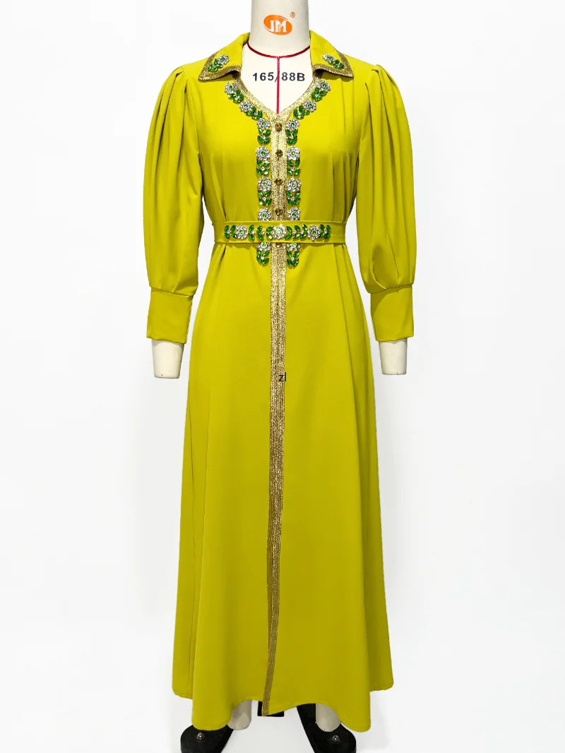 Ramadan Eid Party Dress Women 2023 Abaya Lapel Moroccan Dresses Kaftan Dubai Luxurious Beads Long Sleeve Islam Turkey Abayas