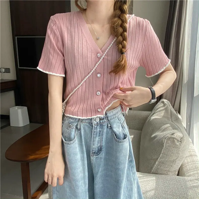 

Lady Pink Knitted Tank Tops Female Solid Short Sleeve Slim Top Girl Casual Tank Short Tops Women T-shirt Summer Clothes Cloth