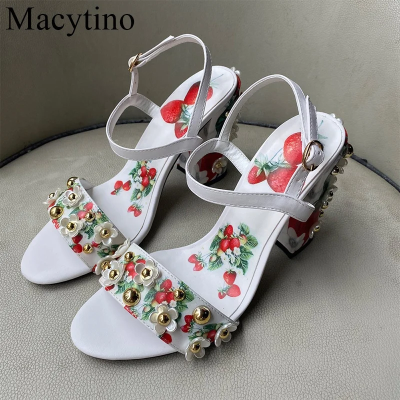 10CM High-heeled Sandals Women's 2022 Summer New Style Fashion Small Flower Decoration Buckle Strawberry Pictures  Shoes